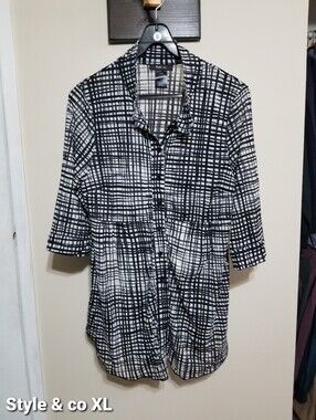 Style & Co. XL Black White Plaid Tunic Button-Front Top